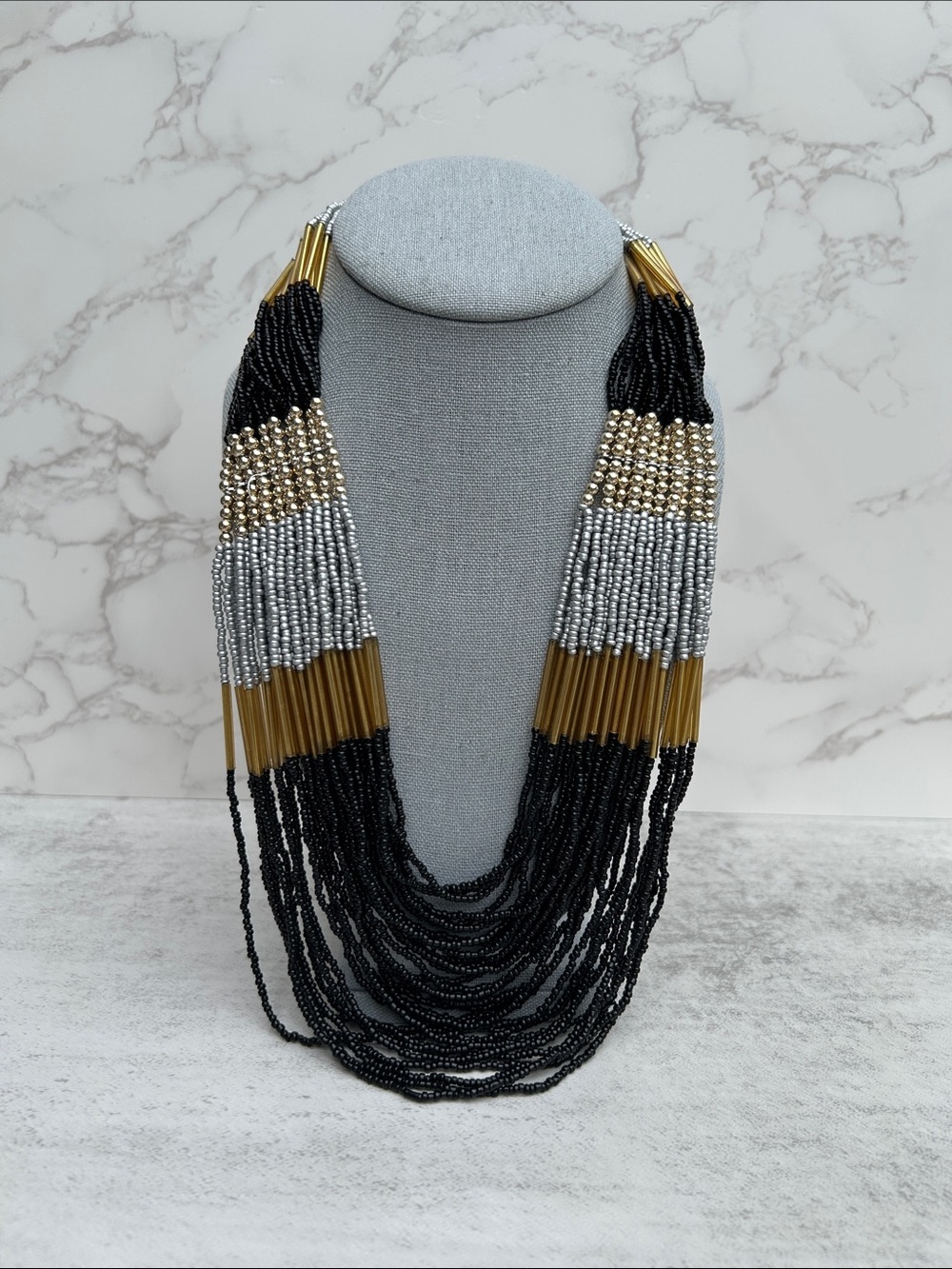 Park Lane Multistrand Beaded Necklace - Black, Silver & Gold